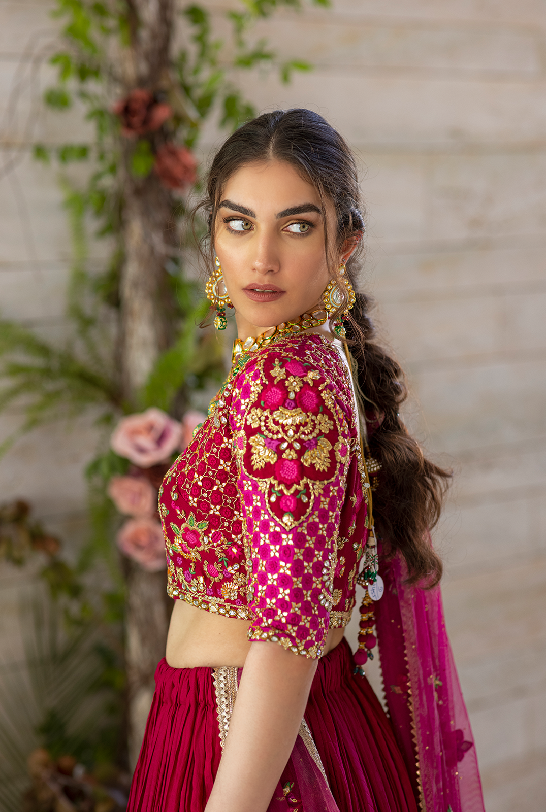 Fuchsia Embroidered Raw Silk Lehenga Choli (3-Piece) - Image 4