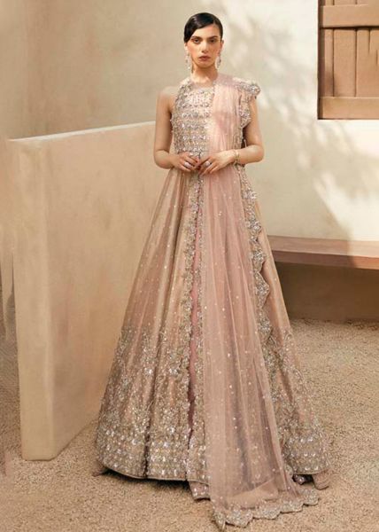Peach Zardozi Tissue Gown with Raw Silk Lehenga (3-Piece) - Image 1