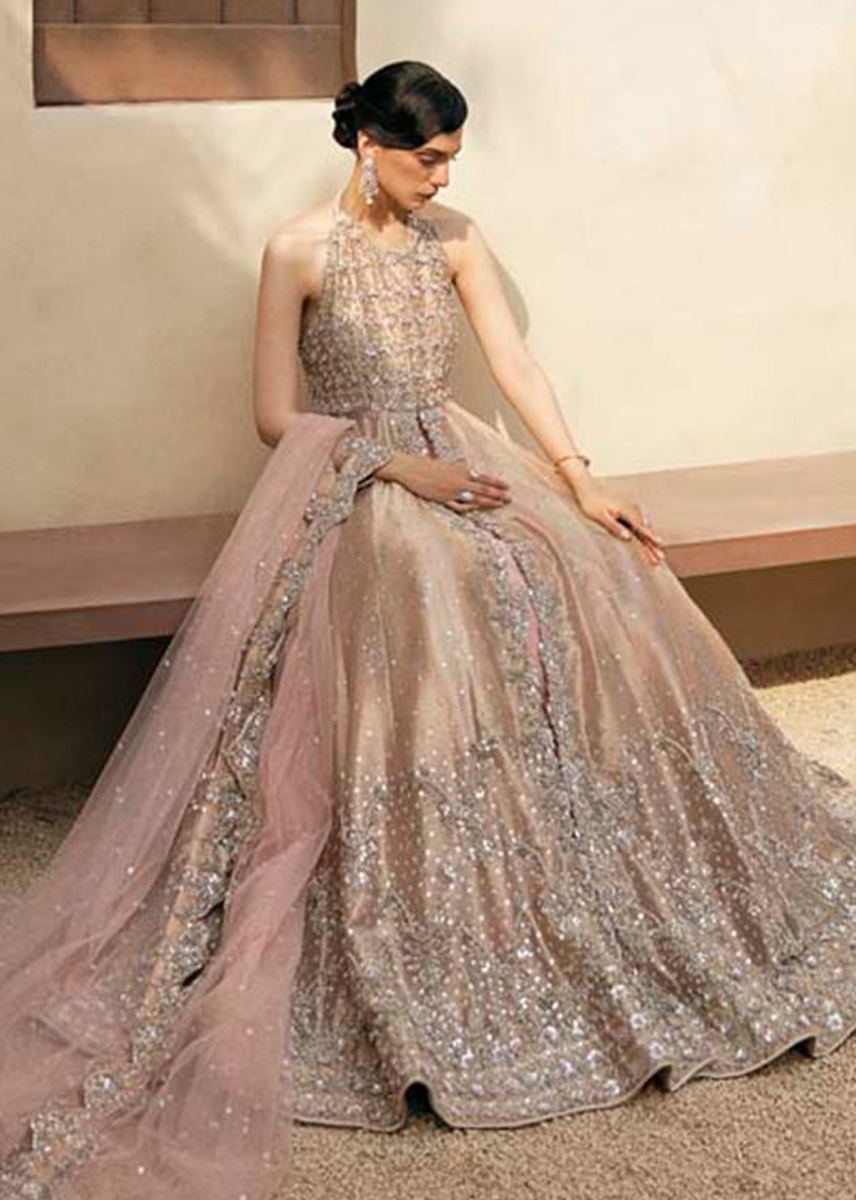 Peach Zardozi Tissue Gown with Raw Silk Lehenga (3-Piece) - Image 7