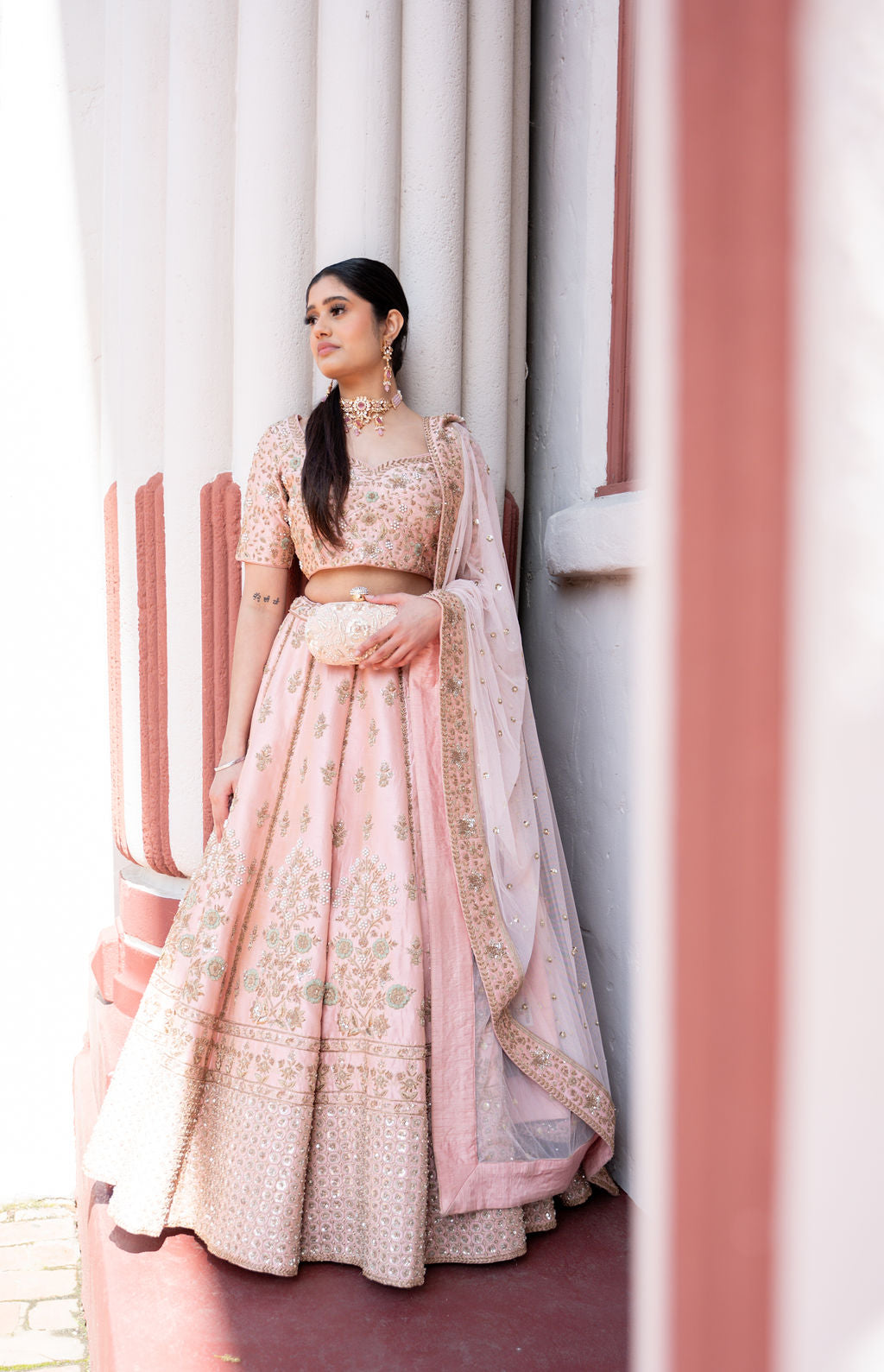 Blush Pink Zardozi Raw Silk Lehenga Choli (3-Piece) - Image 3