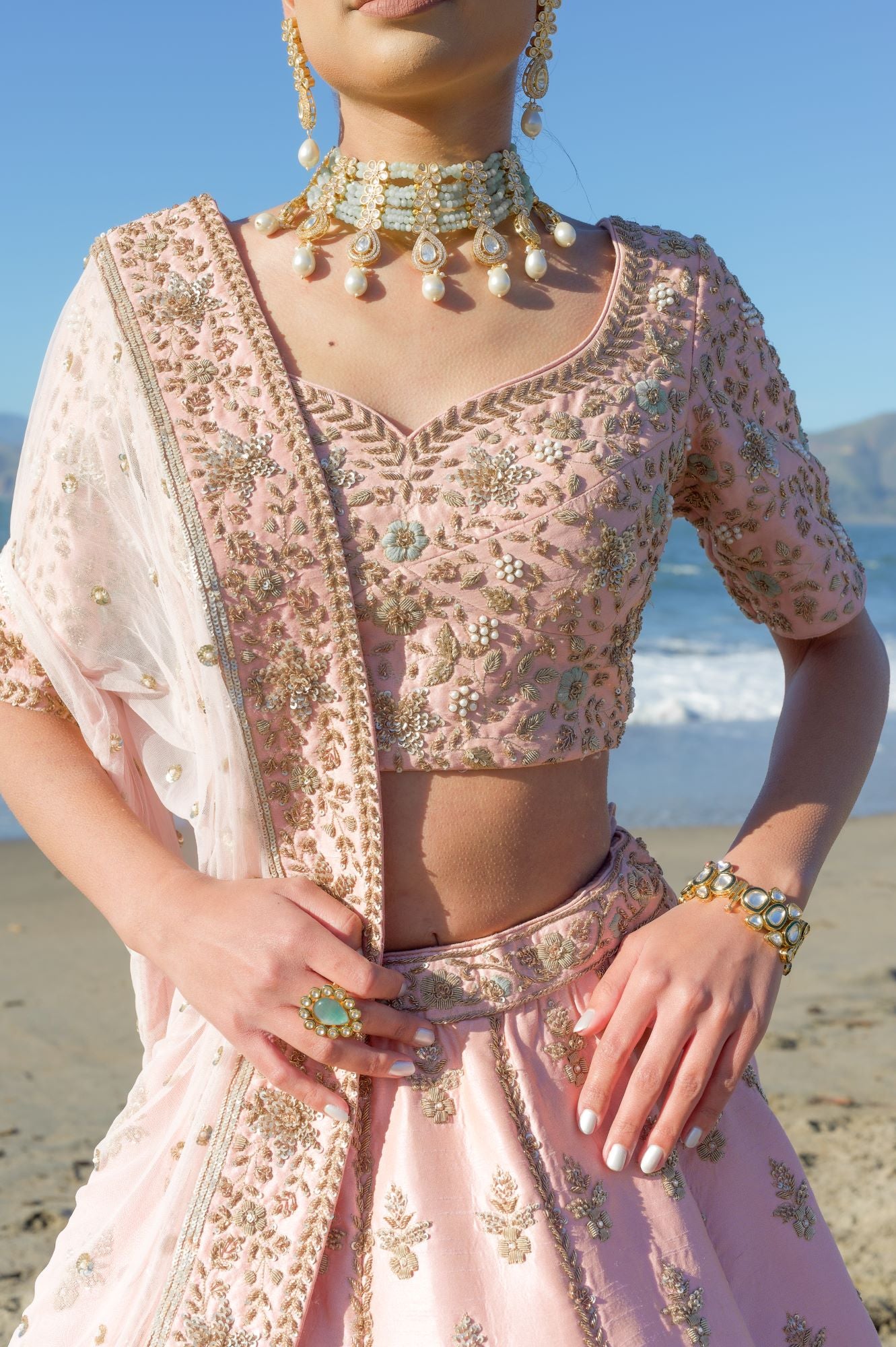 Blush Pink Zardozi Raw Silk Lehenga Choli (3-Piece) - Image 6