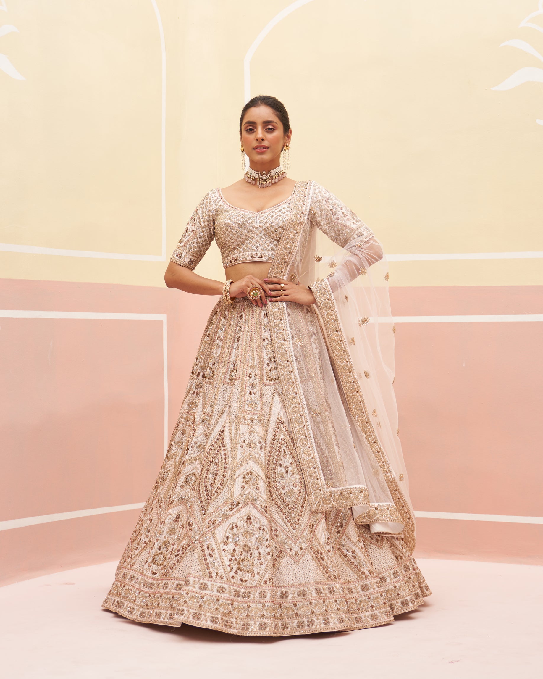 Indian Blush Pink Zardozi Embroidered Raw Silk Lehenga (3-Piece) - Image 1