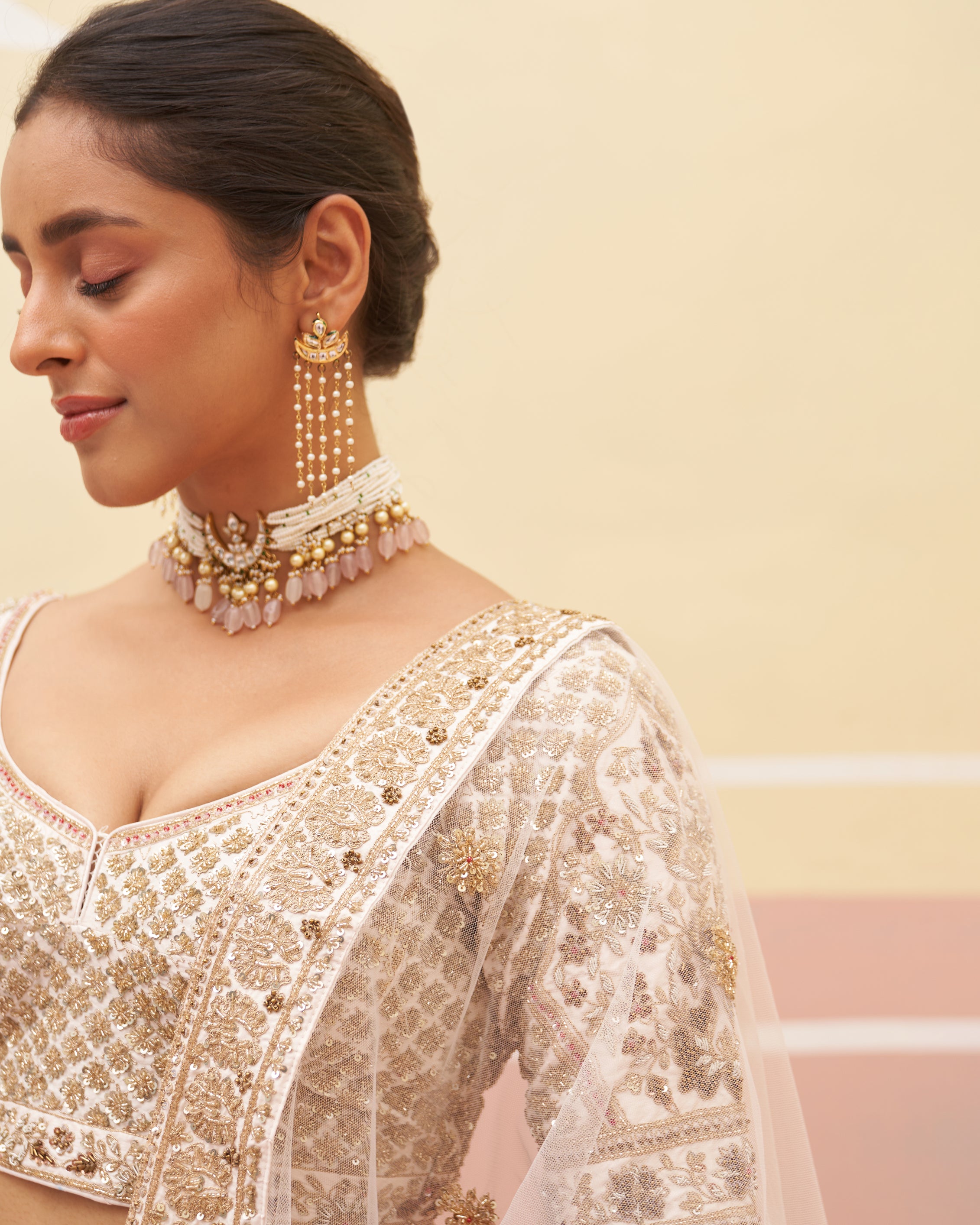 Indian Blush Pink Zardozi Embroidered Raw Silk Lehenga (3-Piece) - Image 3