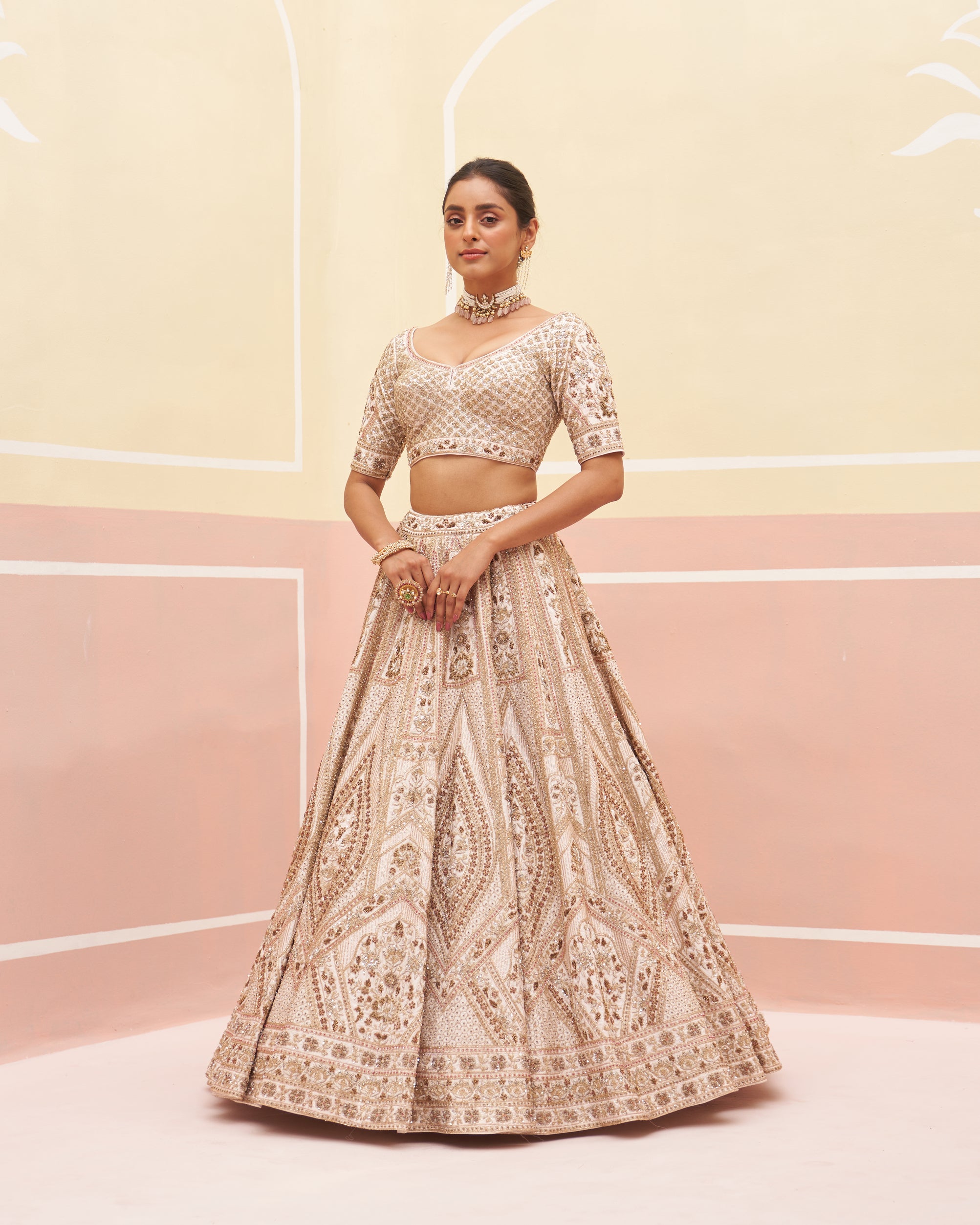 Indian Blush Pink Zardozi Embroidered Raw Silk Lehenga (3-Piece) - Image 4
