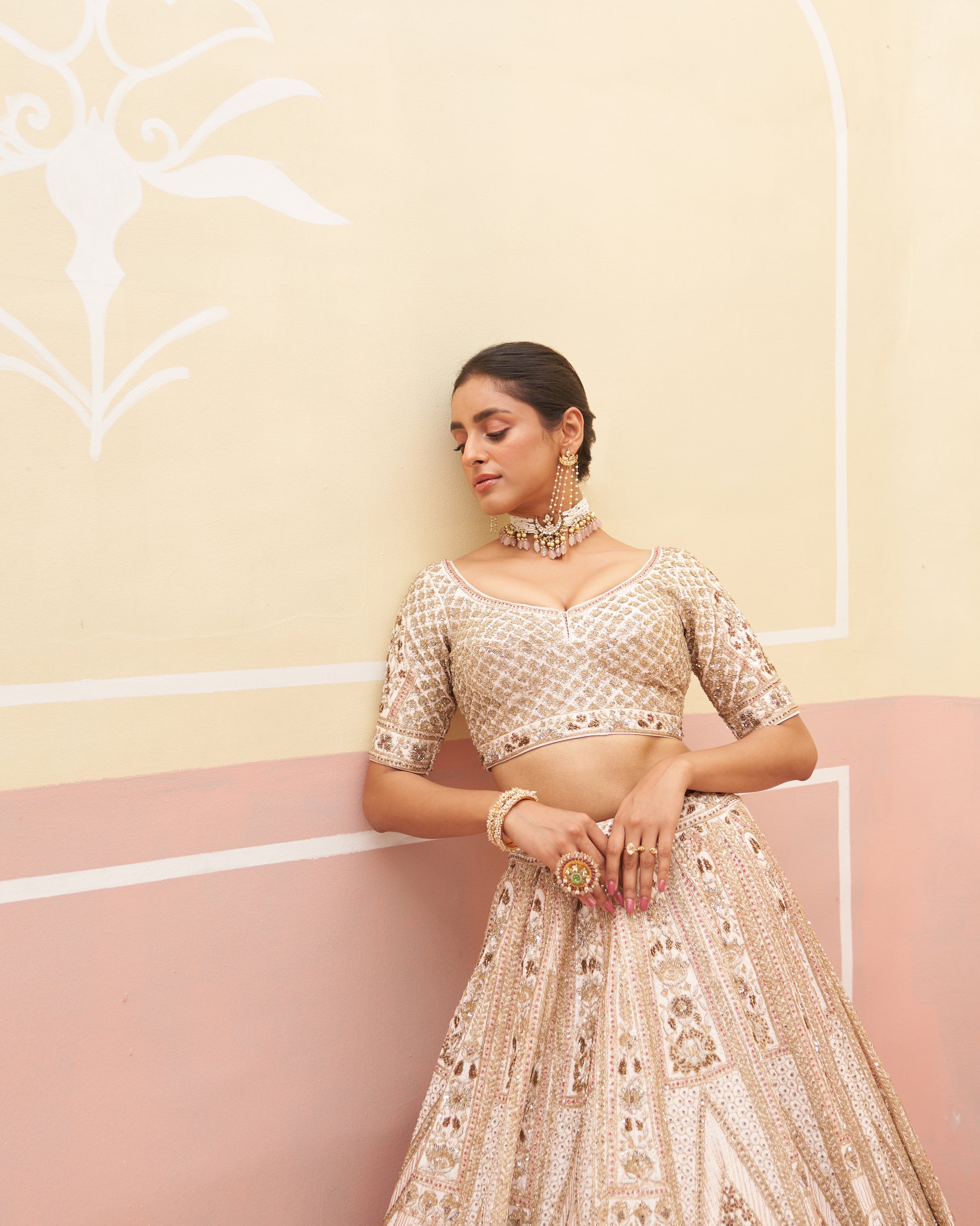 Indian Blush Pink Zardozi Embroidered Raw Silk Lehenga (3-Piece) - Image 5