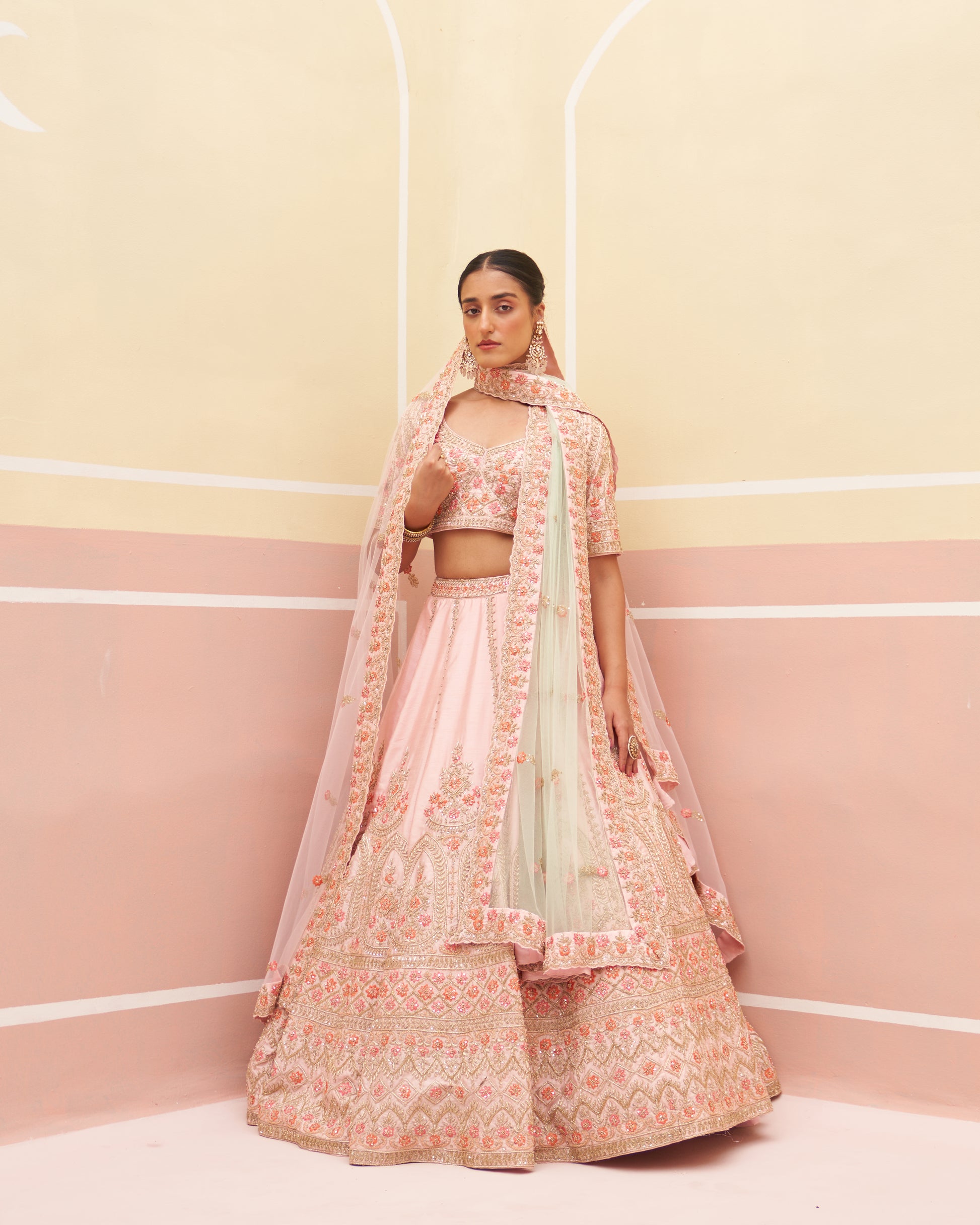Pastel Pink Zardozi Raw Silk Lehenga (3-Piece) - Image 1