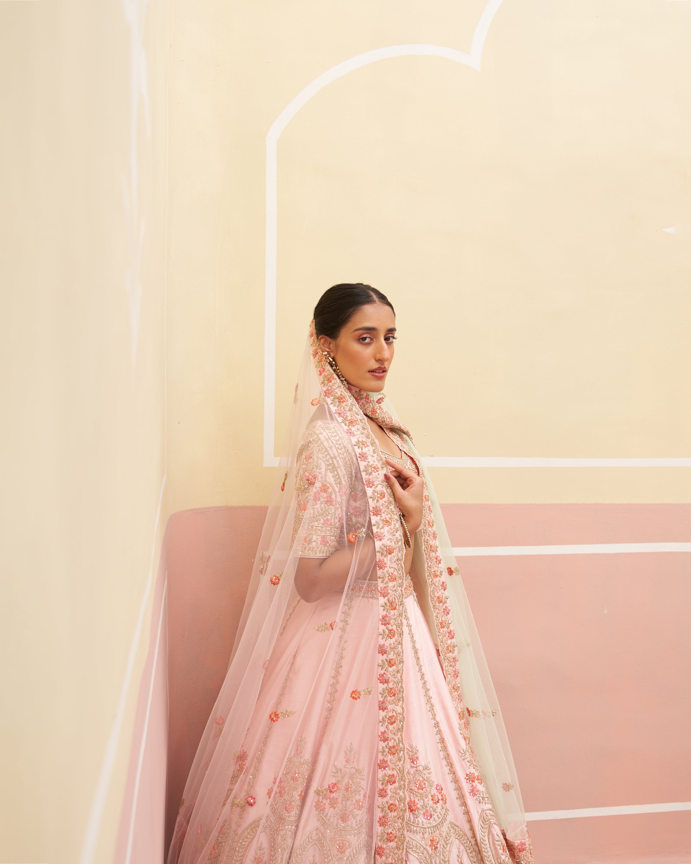 Pastel Pink Zardozi Raw Silk Lehenga (3-Piece) - Image 2