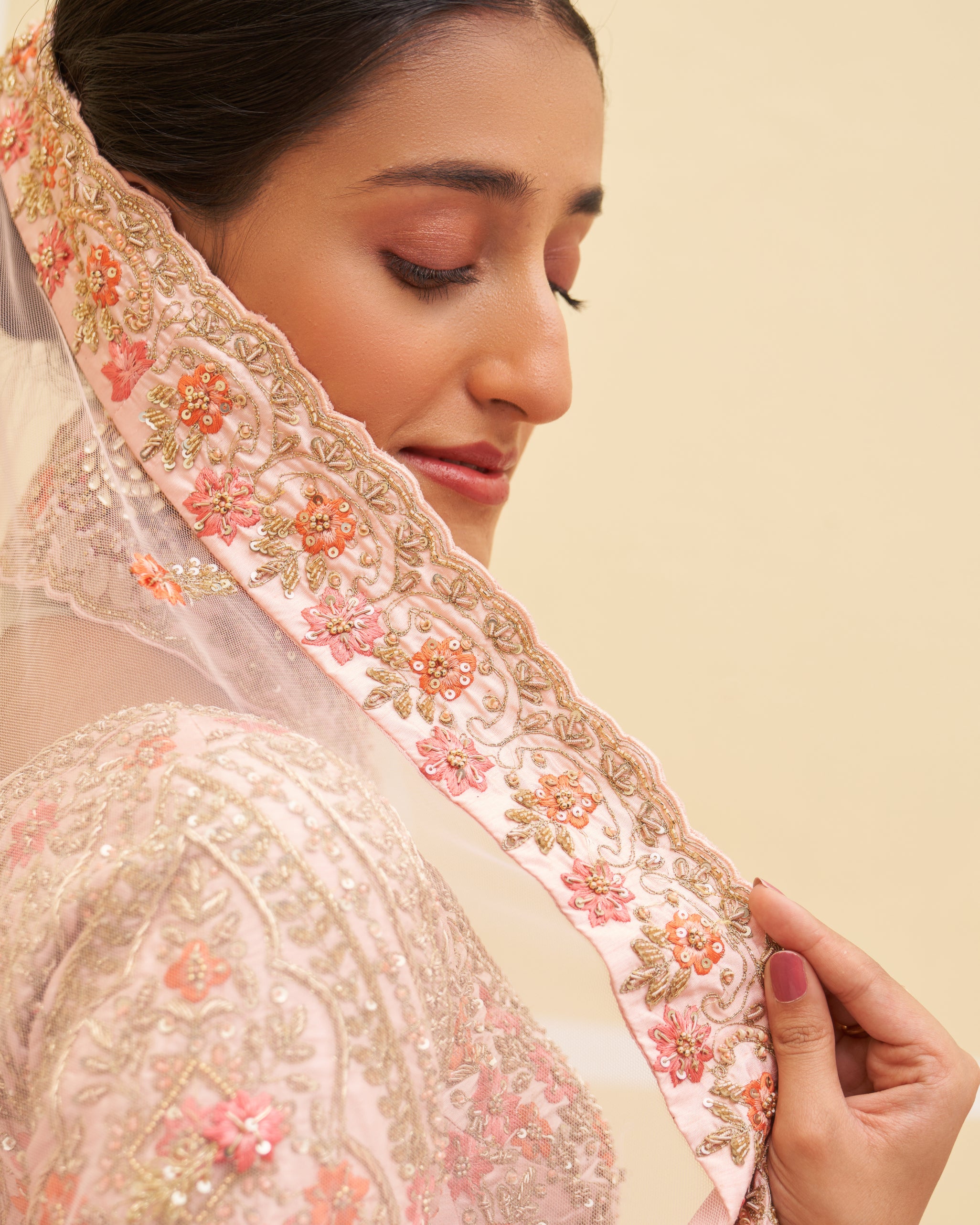 Pastel Pink Zardozi Raw Silk Lehenga (3-Piece) - Image 3