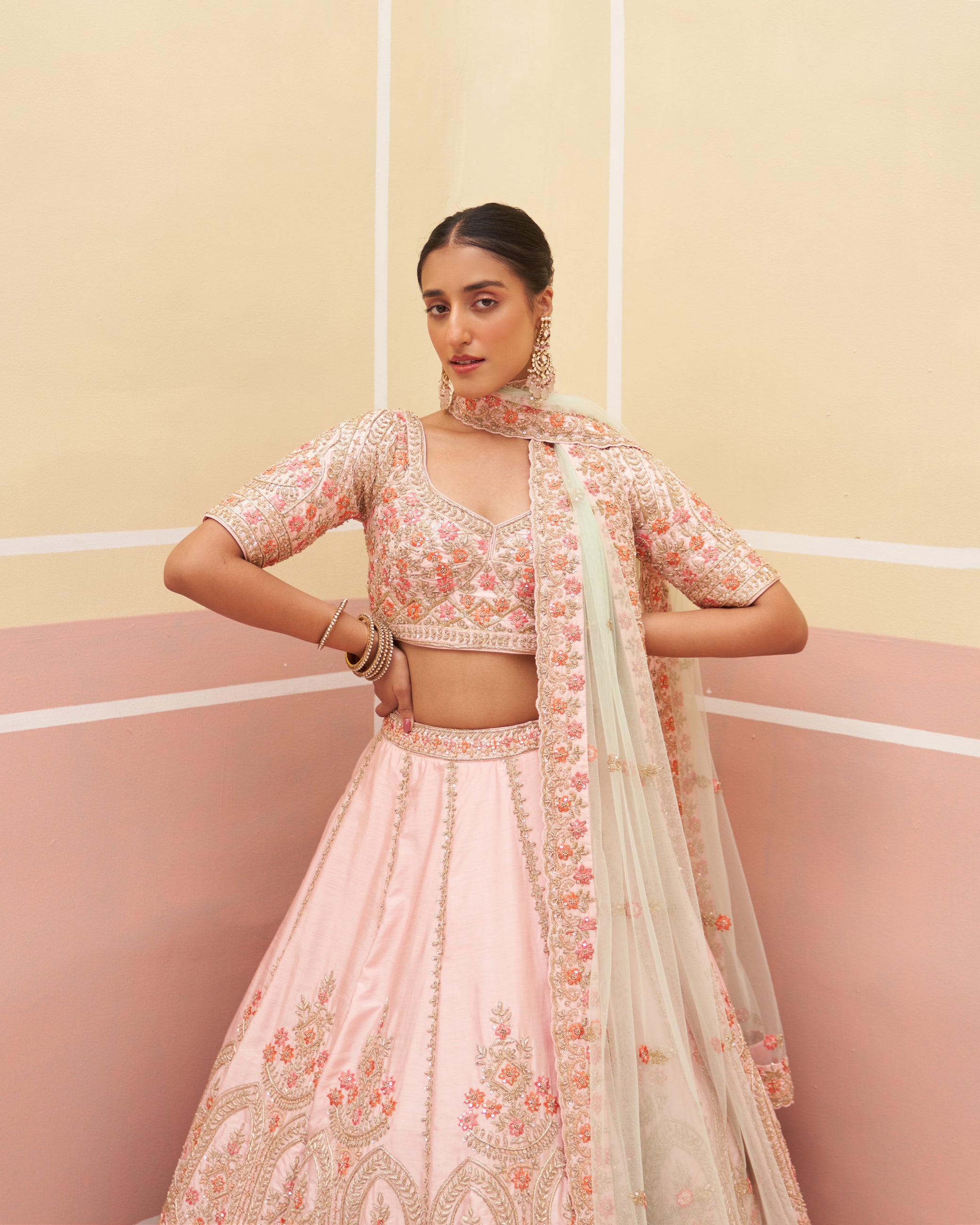 Pastel Pink Zardozi Raw Silk Lehenga (3-Piece) - Image 4