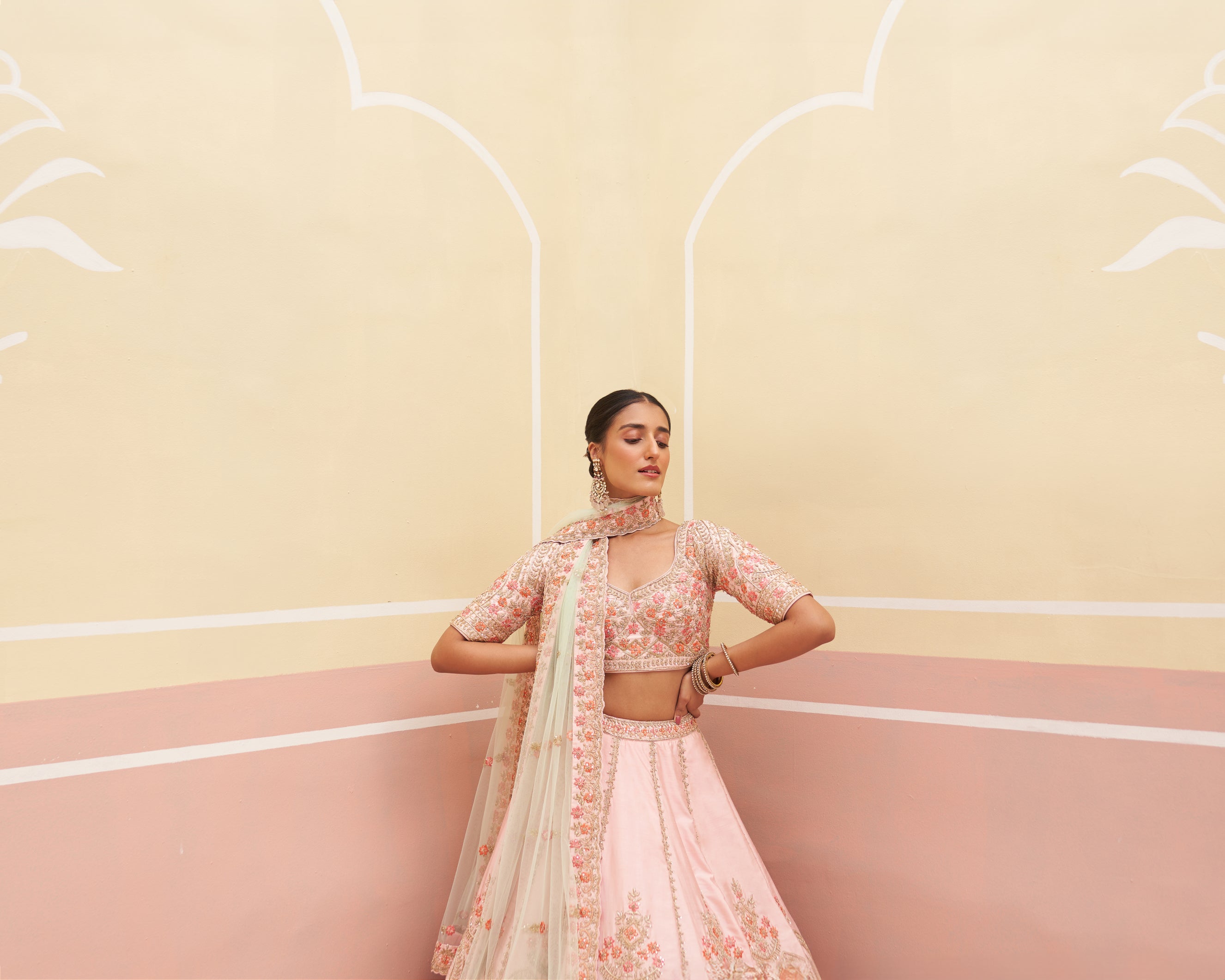 Pastel Pink Zardozi Raw Silk Lehenga (3-Piece) - Image 5
