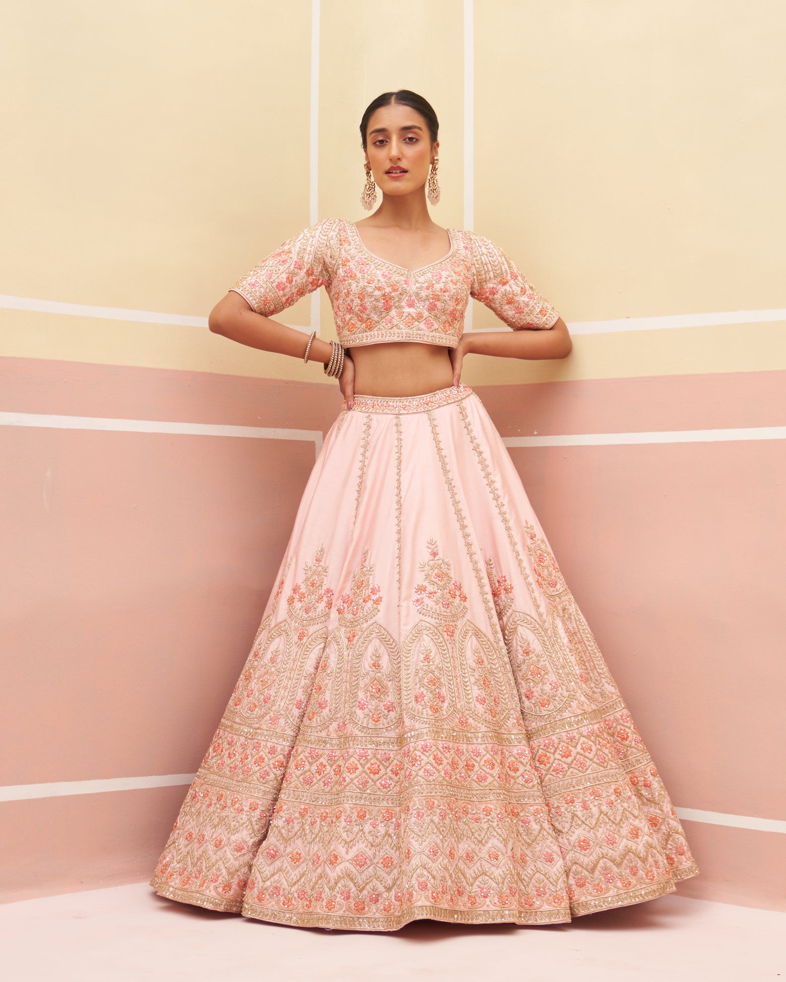 Pastel Pink Zardozi Raw Silk Lehenga (3-Piece) - Image 6