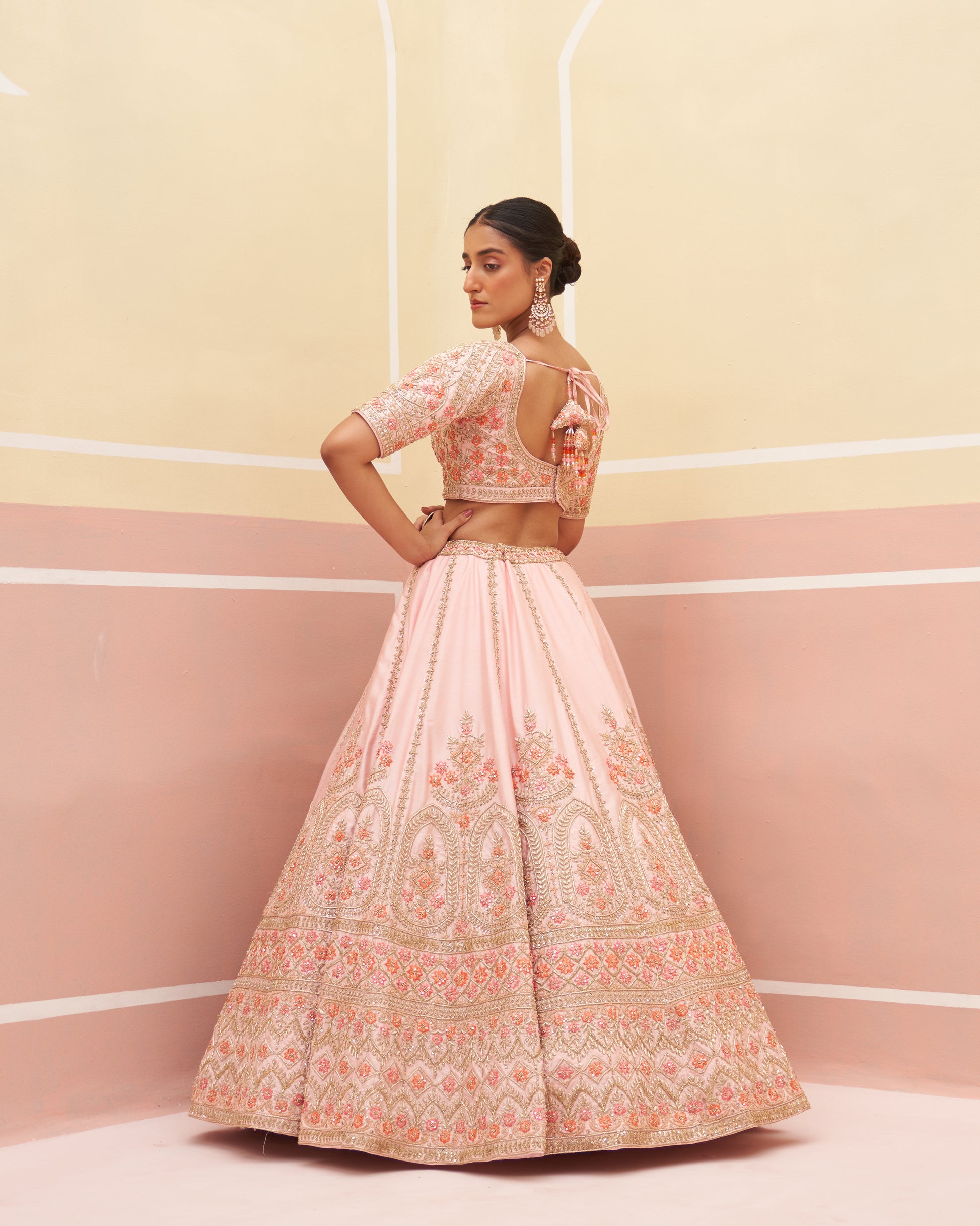 Pastel Pink Zardozi Raw Silk Lehenga (3-Piece) - Image 7