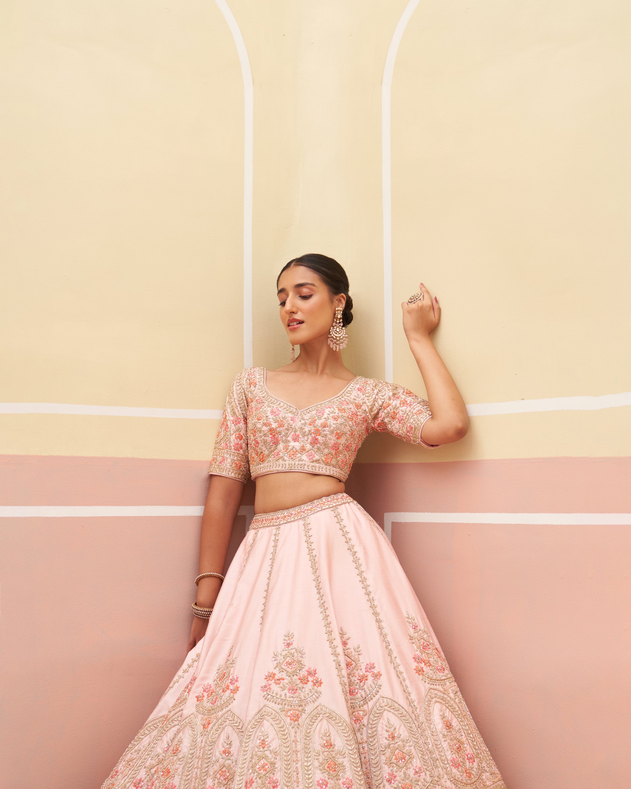 Pastel Pink Zardozi Raw Silk Lehenga (3-Piece) - Image 8