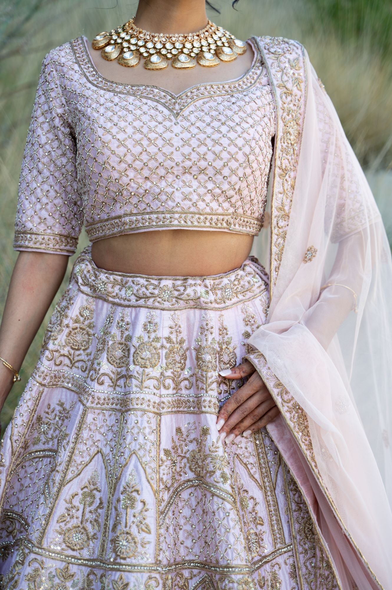 Indian Cerise Pink Zardozi Raw Silk Lehenga Choli (3-Piece) - Image 4