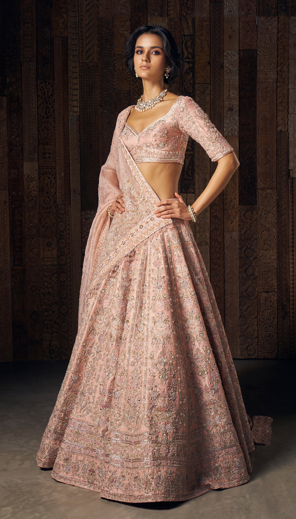 Indian Soft Pink Embroidered Raw Silk Lehenga (3-Piece) - Image 1