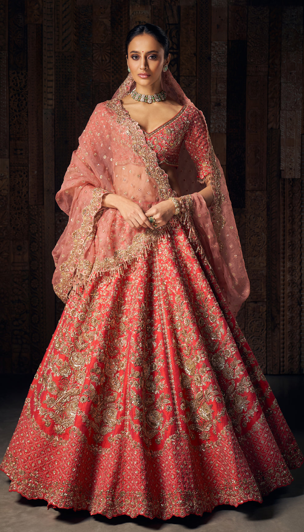 Indian Vibrant Pink Zardozi Raw Silk Bridal Lehenga (3-Piece) - Image 1