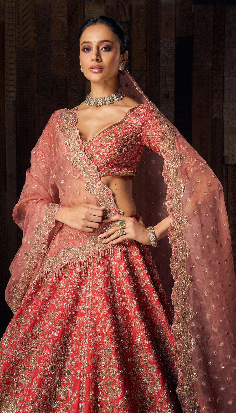Indian Vibrant Pink Zardozi Raw Silk Bridal Lehenga (3-Piece) - Image 2
