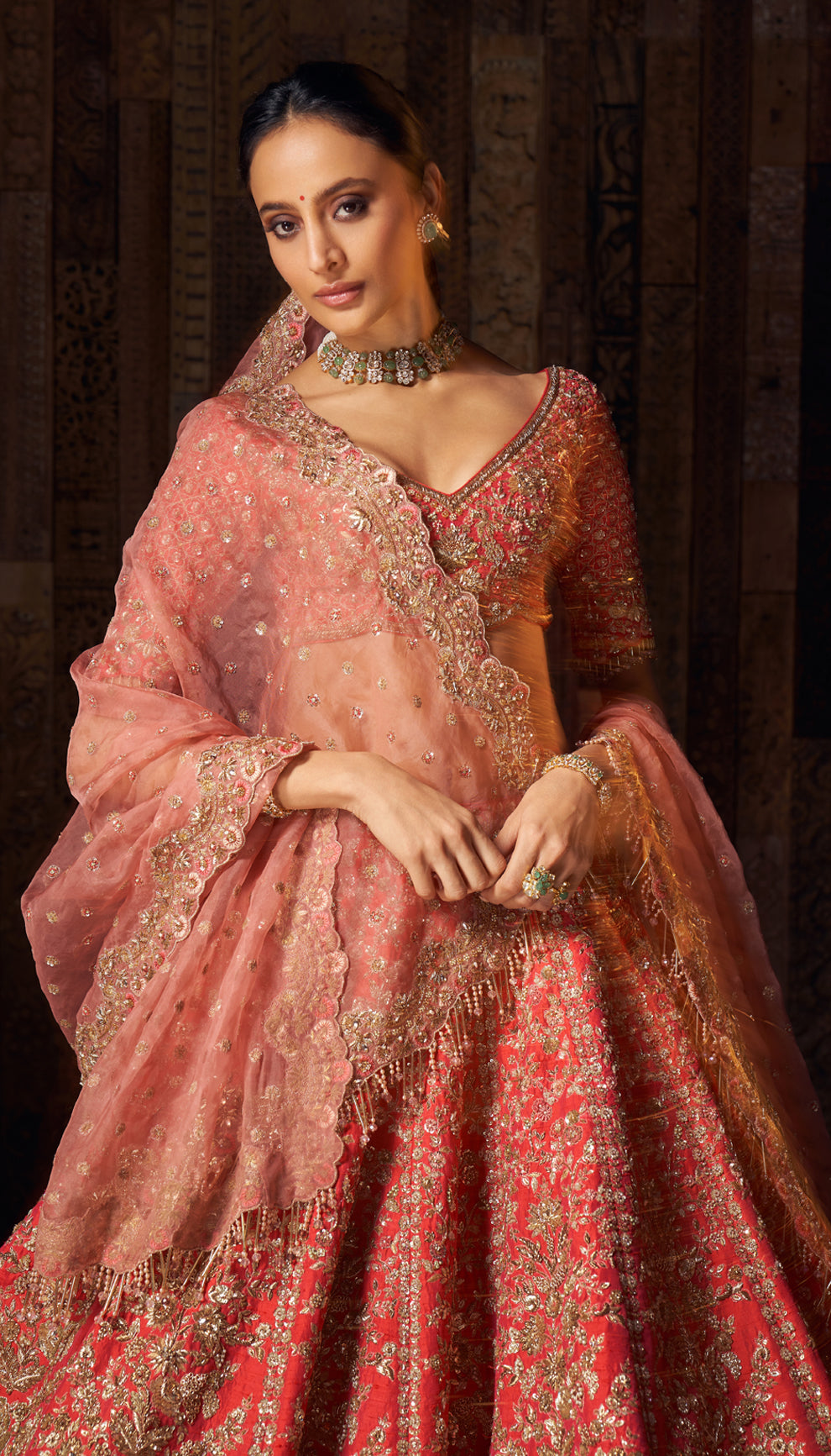 Indian Vibrant Pink Zardozi Raw Silk Bridal Lehenga (3-Piece) - Image 3