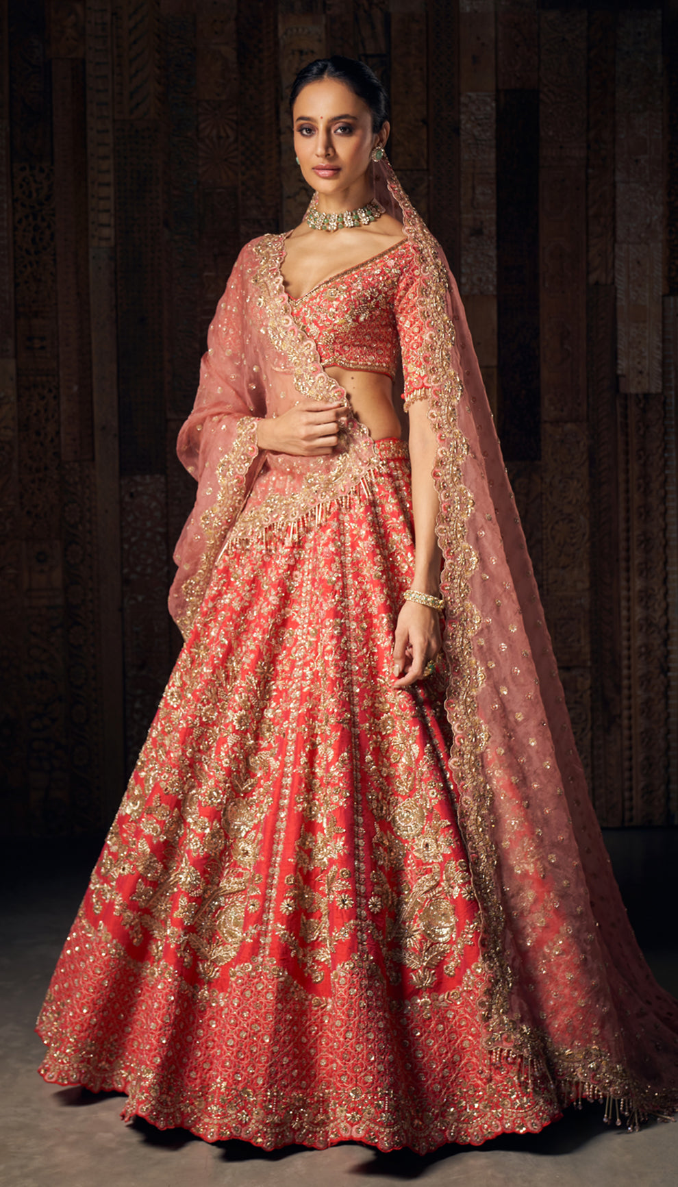Indian Vibrant Pink Zardozi Raw Silk Bridal Lehenga (3-Piece) - Image 4