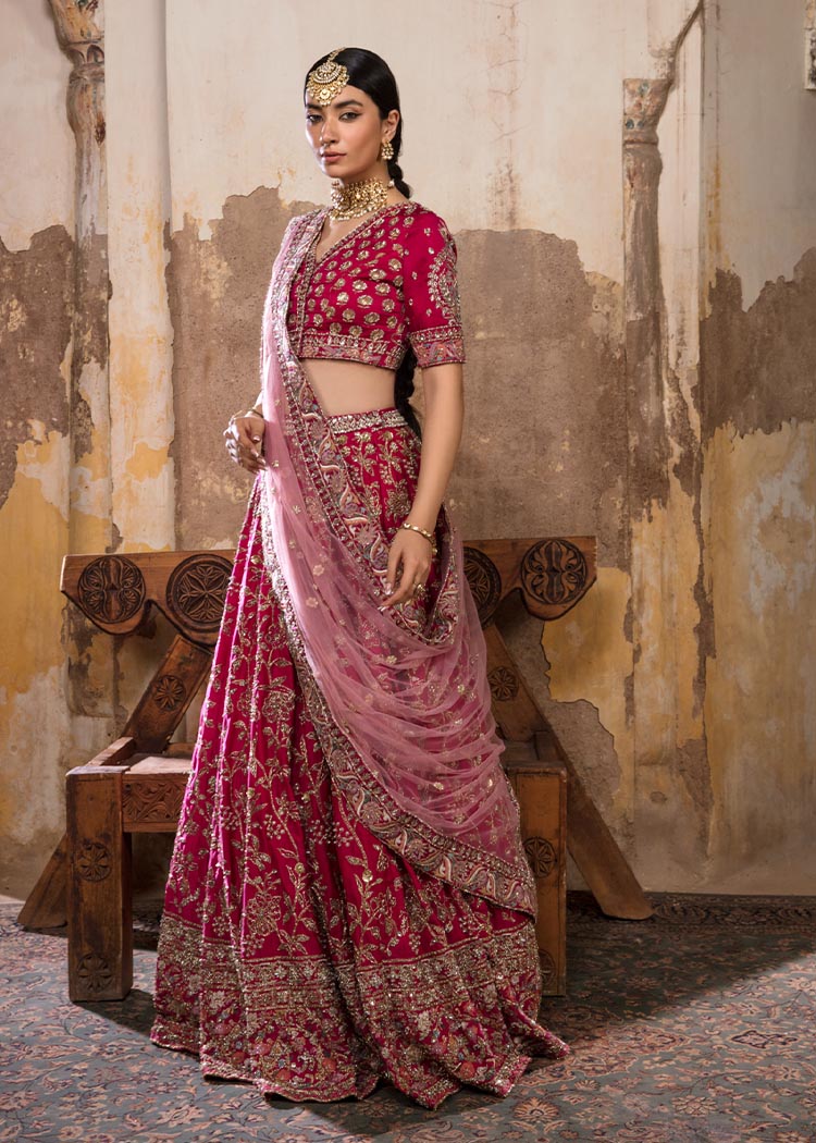 Fuschia Embellished Raw Silk Lehenga Set (3-Piece) - Image 6