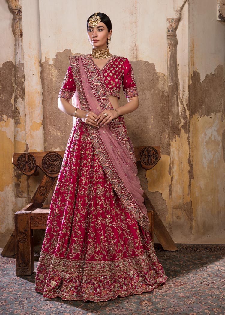 Fuschia Embellished Raw Silk Lehenga Set (3-Piece) - Image 7