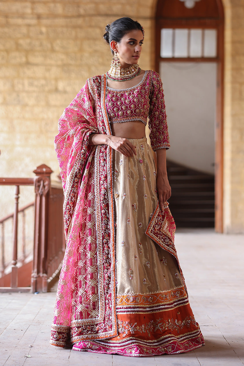 Pakistani Deep Pink Zardozi Raw Silk Lehenga Choli (3-Piece) - Image 1