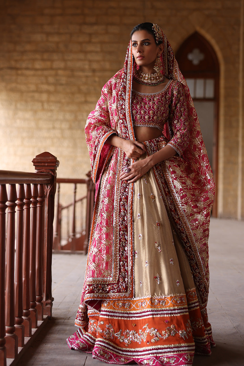 Pakistani Deep Pink Zardozi Raw Silk Lehenga Choli (3-Piece) - Image 2
