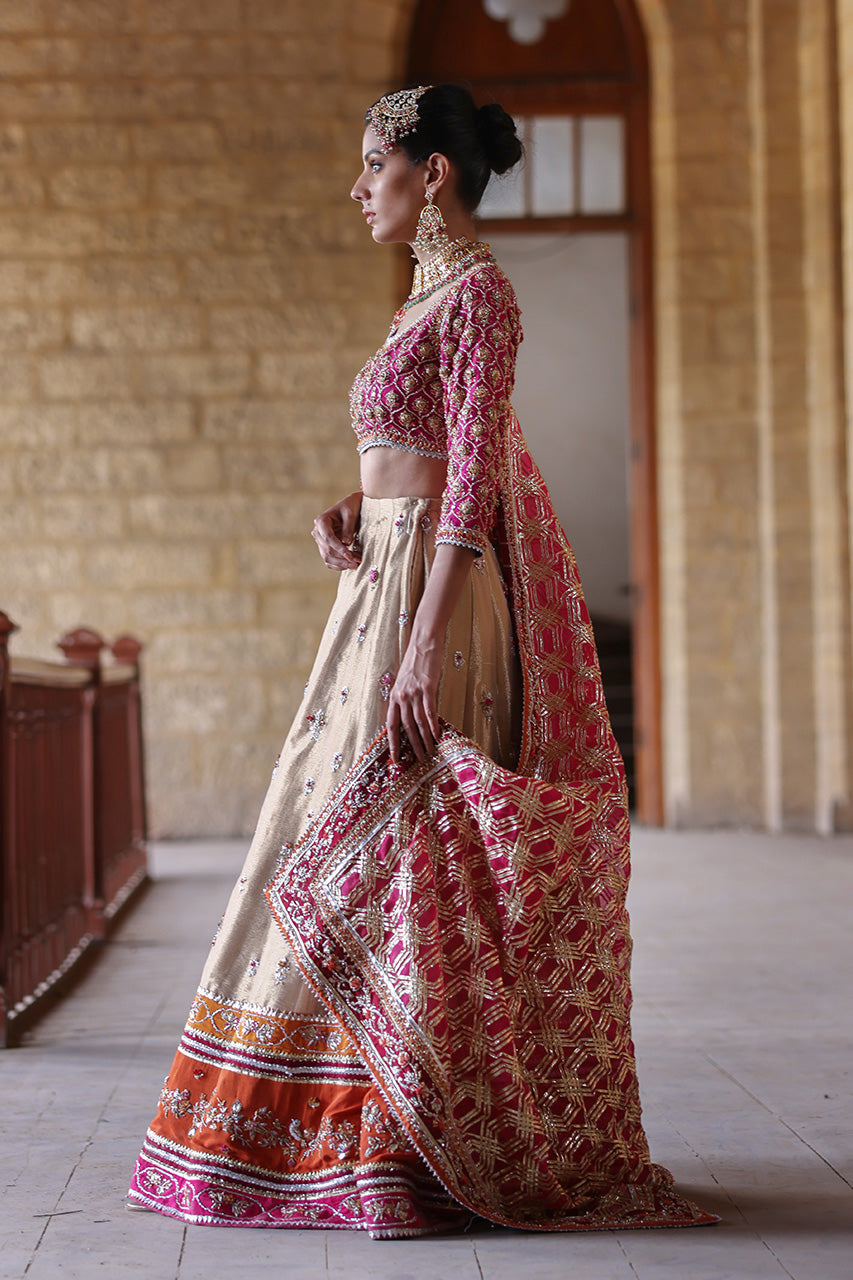 Pakistani Deep Pink Zardozi Raw Silk Lehenga Choli (3-Piece) - Image 4