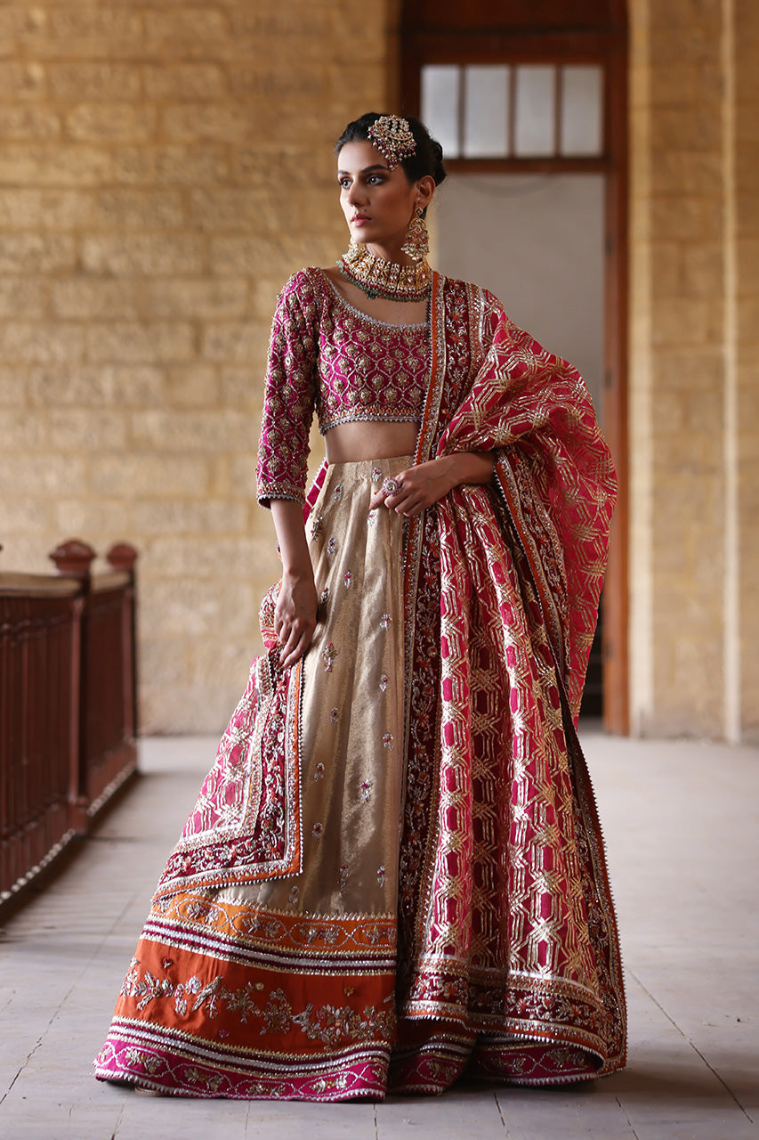 Pakistani Deep Pink Zardozi Raw Silk Lehenga Choli (3-Piece) - Image 5
