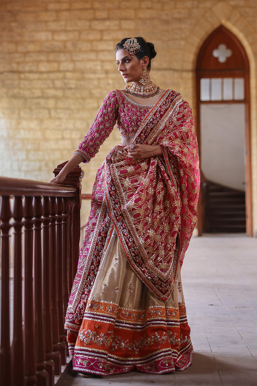Pakistani Deep Pink Zardozi Raw Silk Lehenga Choli (3-Piece) - Image 6
