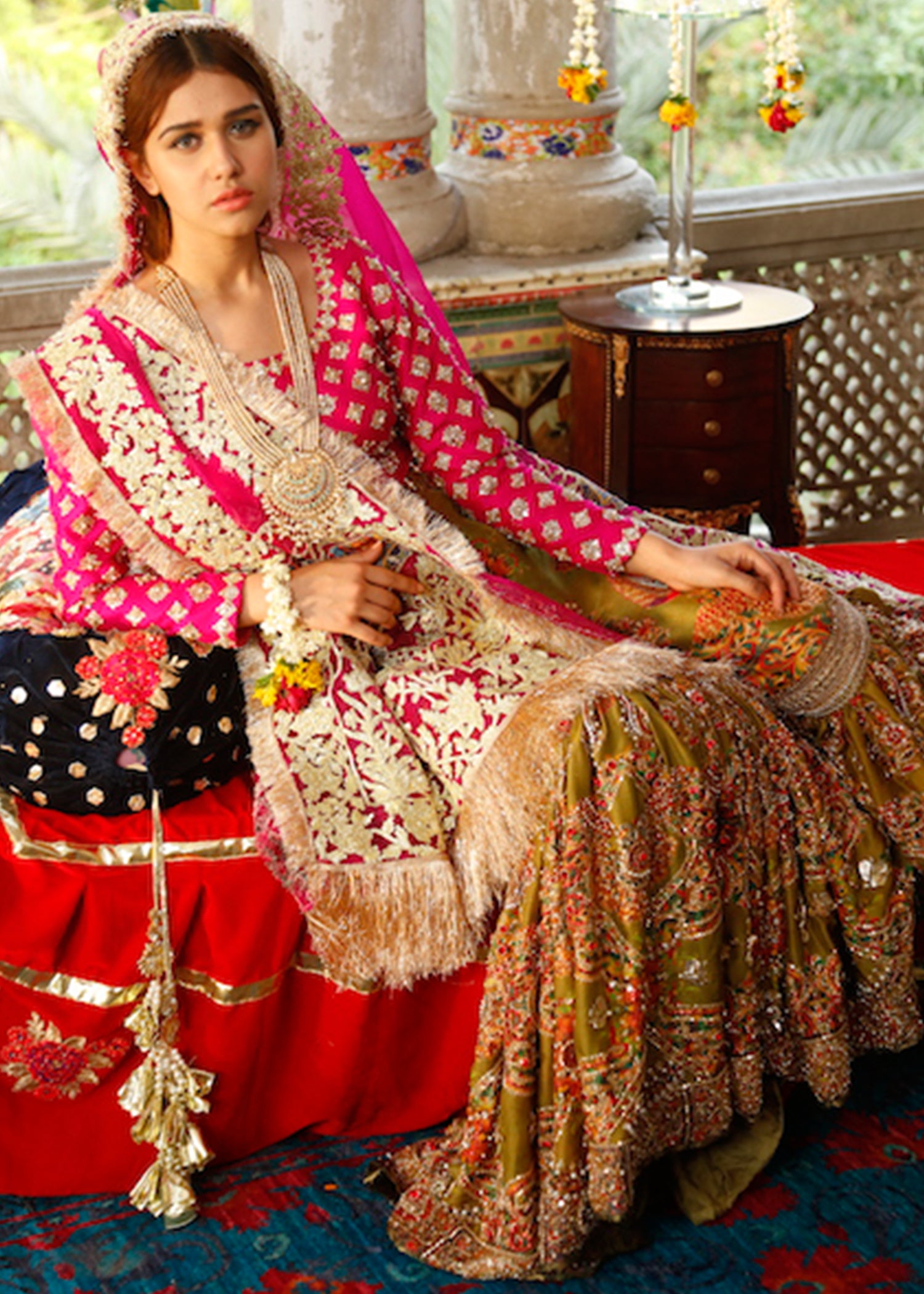 Pakistani Hot Pink Zardozi Raw Silk Lehenga Set (3-Piece) - Image 1