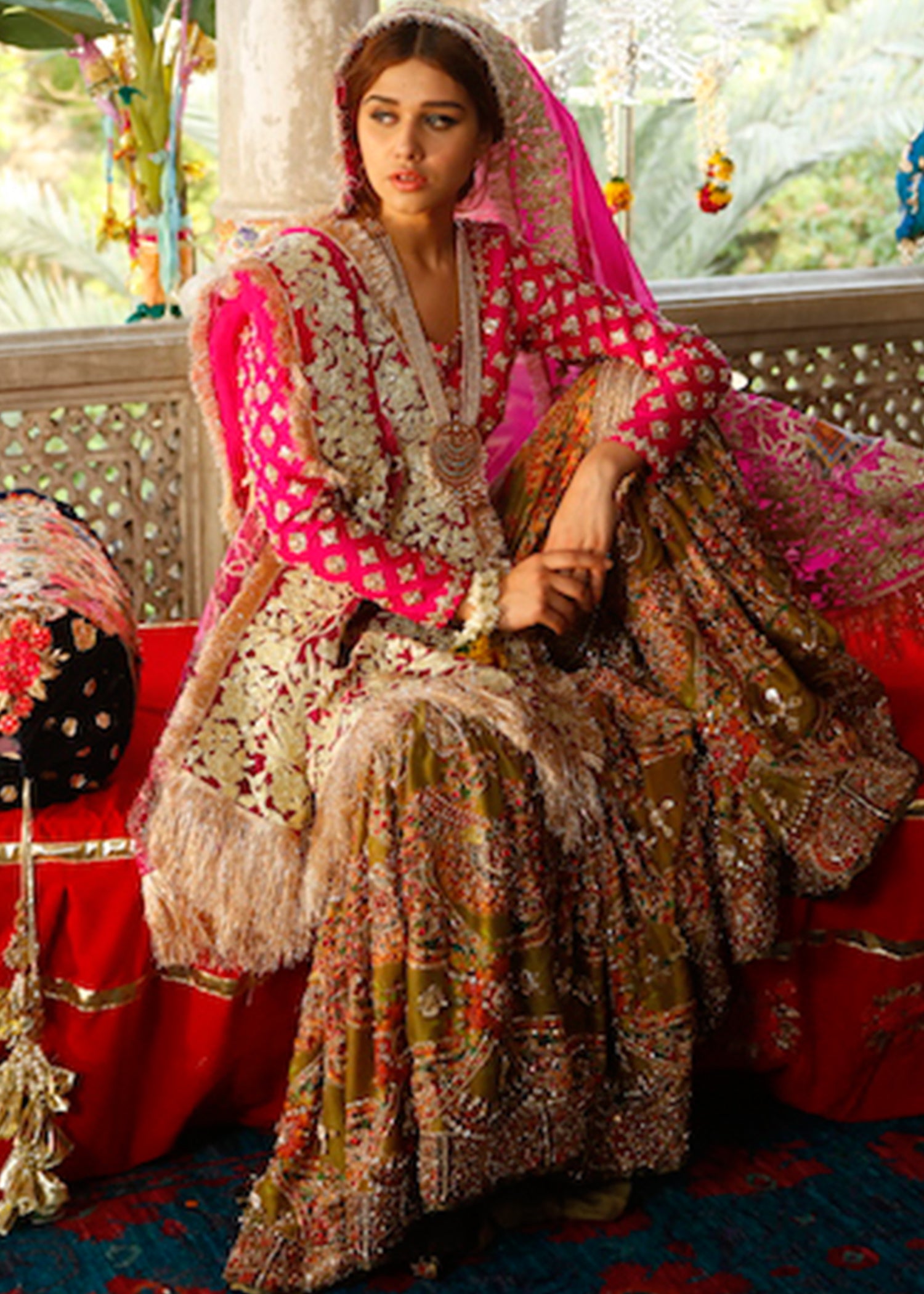 Pakistani Hot Pink Zardozi Raw Silk Lehenga Set (3-Piece) - Image 2