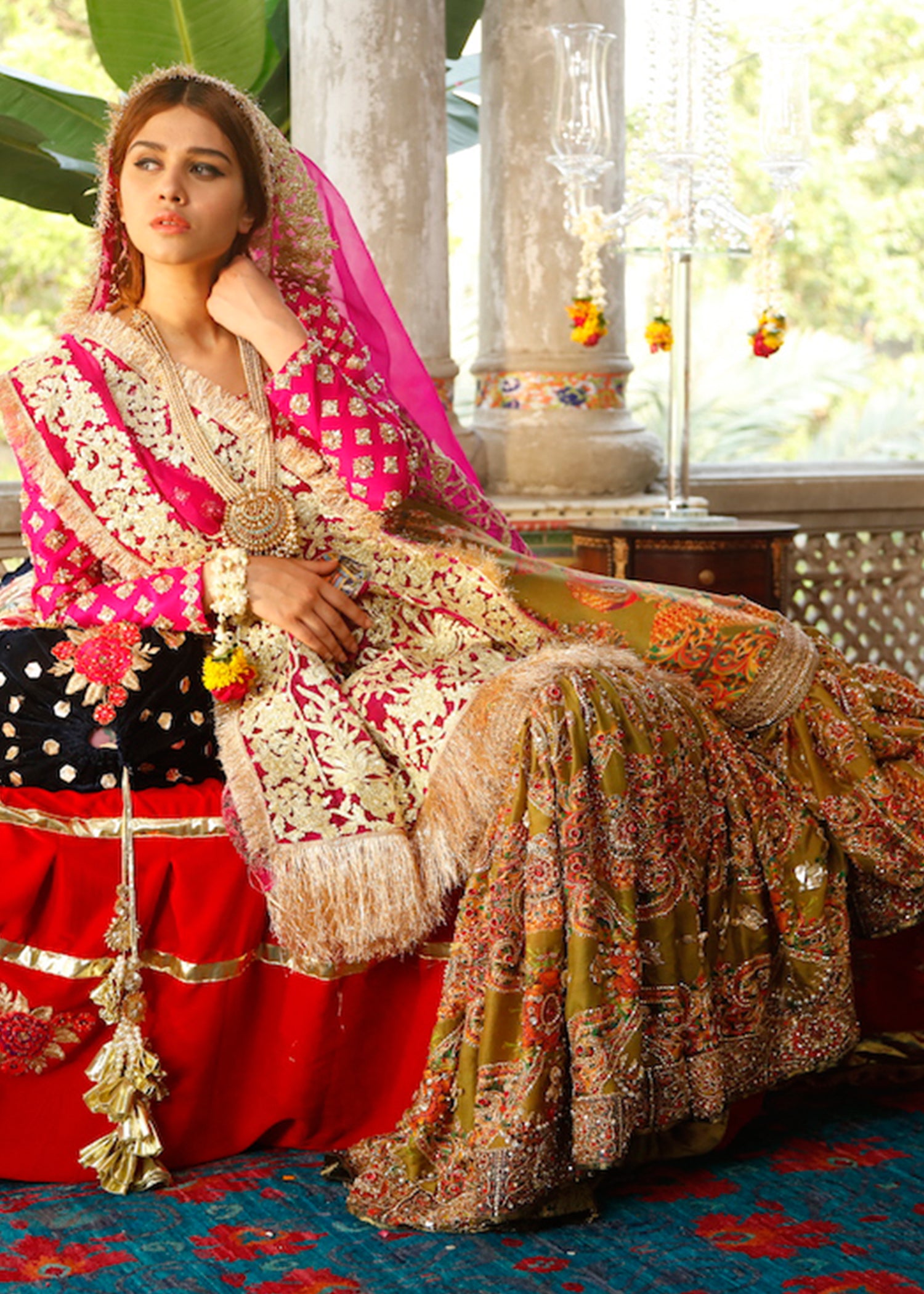 Pakistani Hot Pink Zardozi Raw Silk Lehenga Set (3-Piece) - Image 3