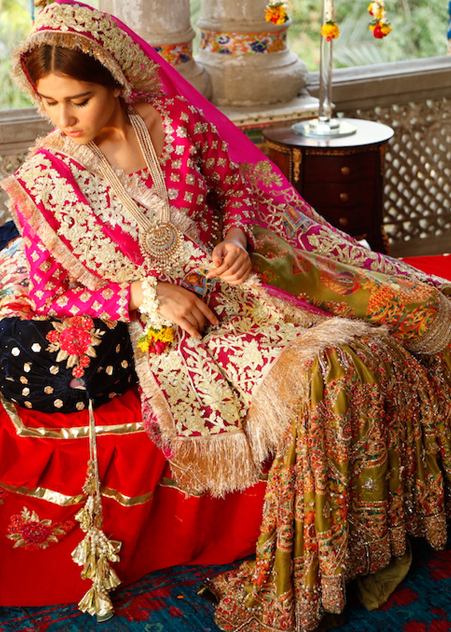 Pakistani Hot Pink Zardozi Raw Silk Lehenga Set (3-Piece) - Image 4