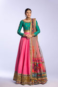 Pink and Jade Embroidered Raw Silk Lehenga Choli (3-Piece) - Image 1