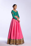 Pink and Jade Embroidered Raw Silk Lehenga Choli (3-Piece) - Image 12