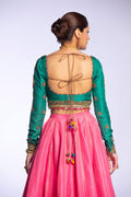 Pink and Jade Embroidered Raw Silk Lehenga Choli (3-Piece) - Image 15