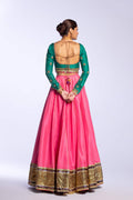 Pink and Jade Embroidered Raw Silk Lehenga Choli (3-Piece) - Image 16