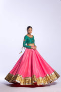 Pink and Jade Embroidered Raw Silk Lehenga Choli (3-Piece) - Image 2