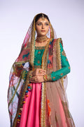 Pink and Jade Embroidered Raw Silk Lehenga Choli (3-Piece) - Image 9