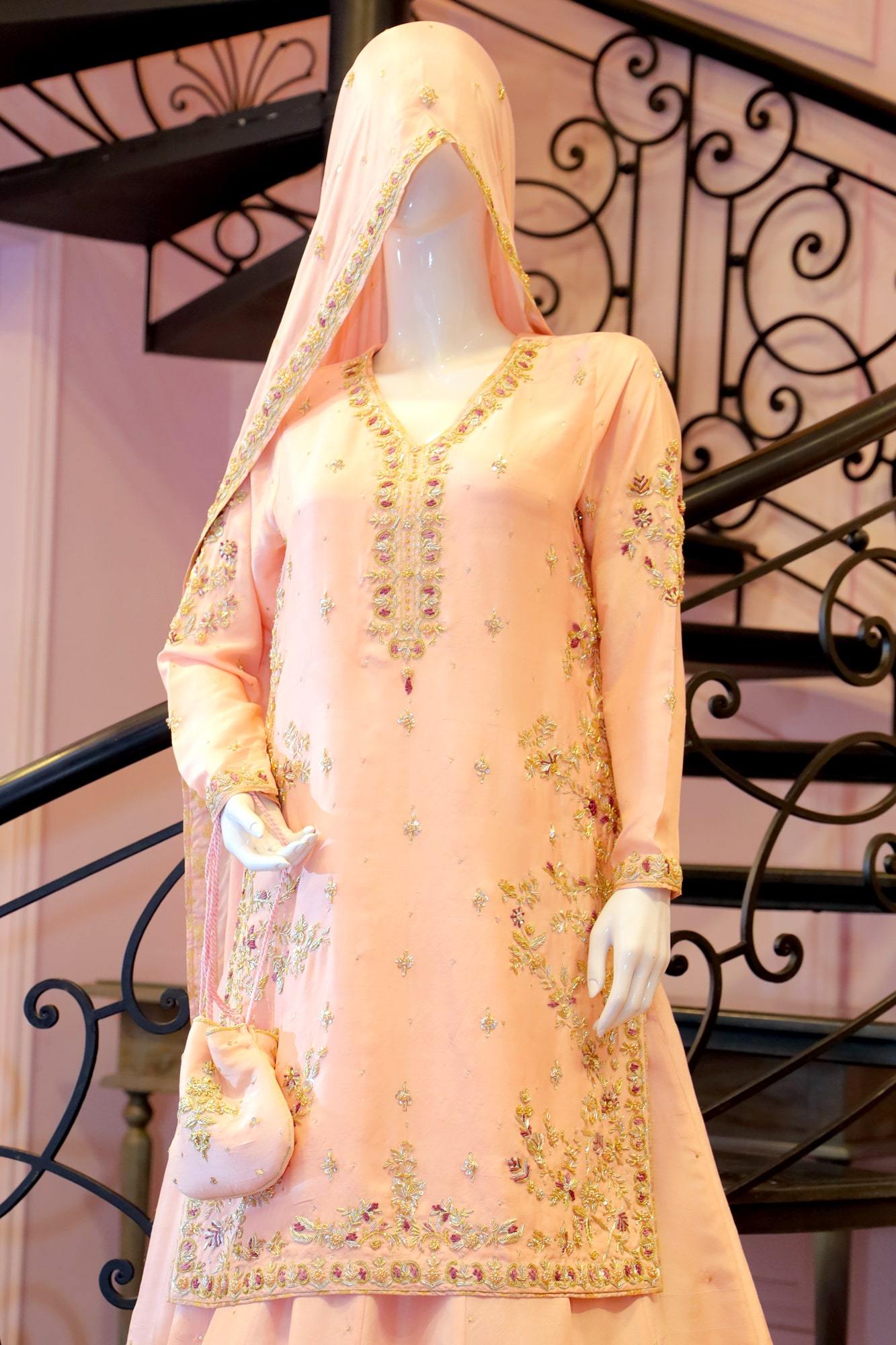 Pakistani Blush Pink Zardozi PK Raw Silk Bridal Lehenga (3-Piece) - Image 3