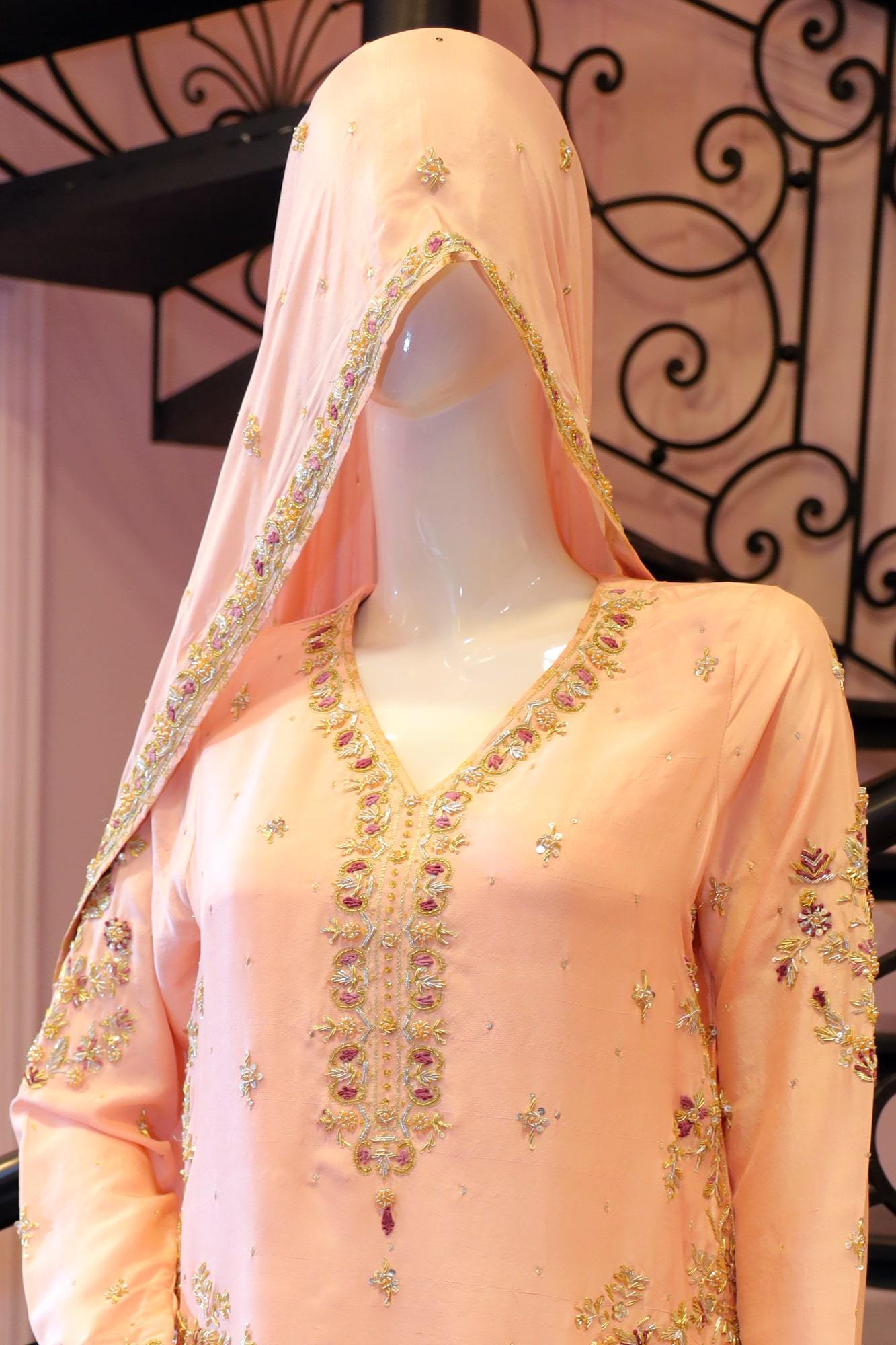 Pakistani Blush Pink Zardozi PK Raw Silk Bridal Lehenga (3-Piece) - Image 4