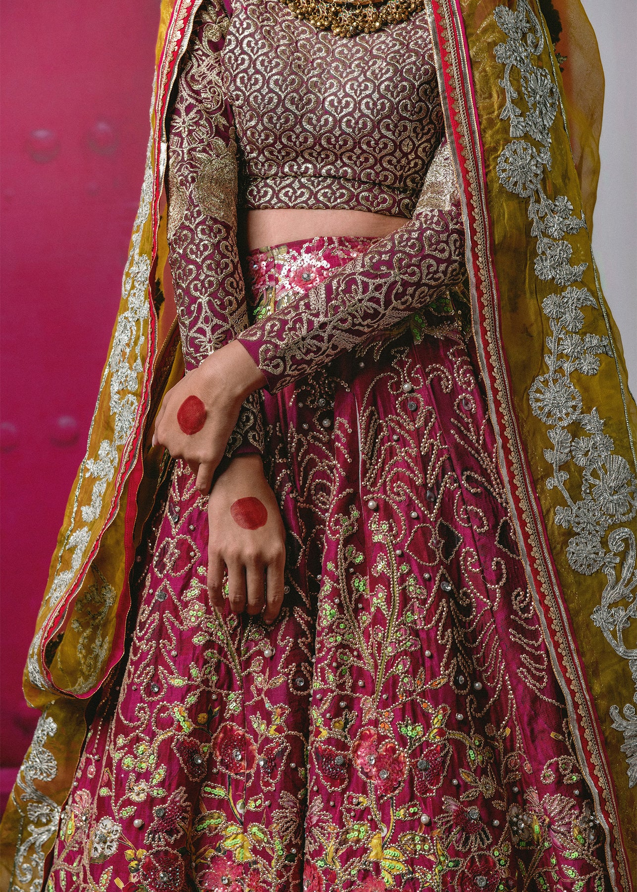 Magenta Embellished Raw Silk Lehenga (3-Piece) - Image 3