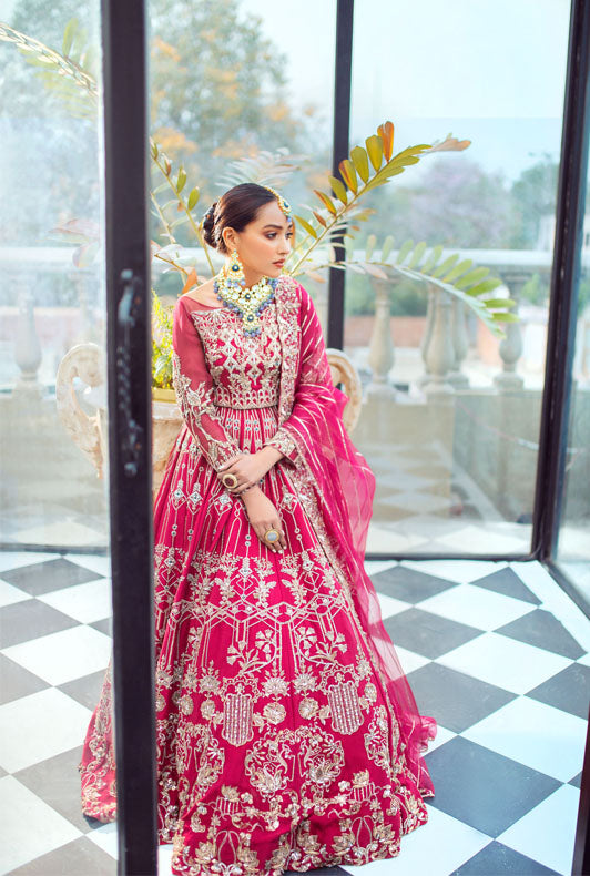 Hot Pink Zari Embroidered Raw Silk Bridal Lehnga (3-Piece) - Image 2