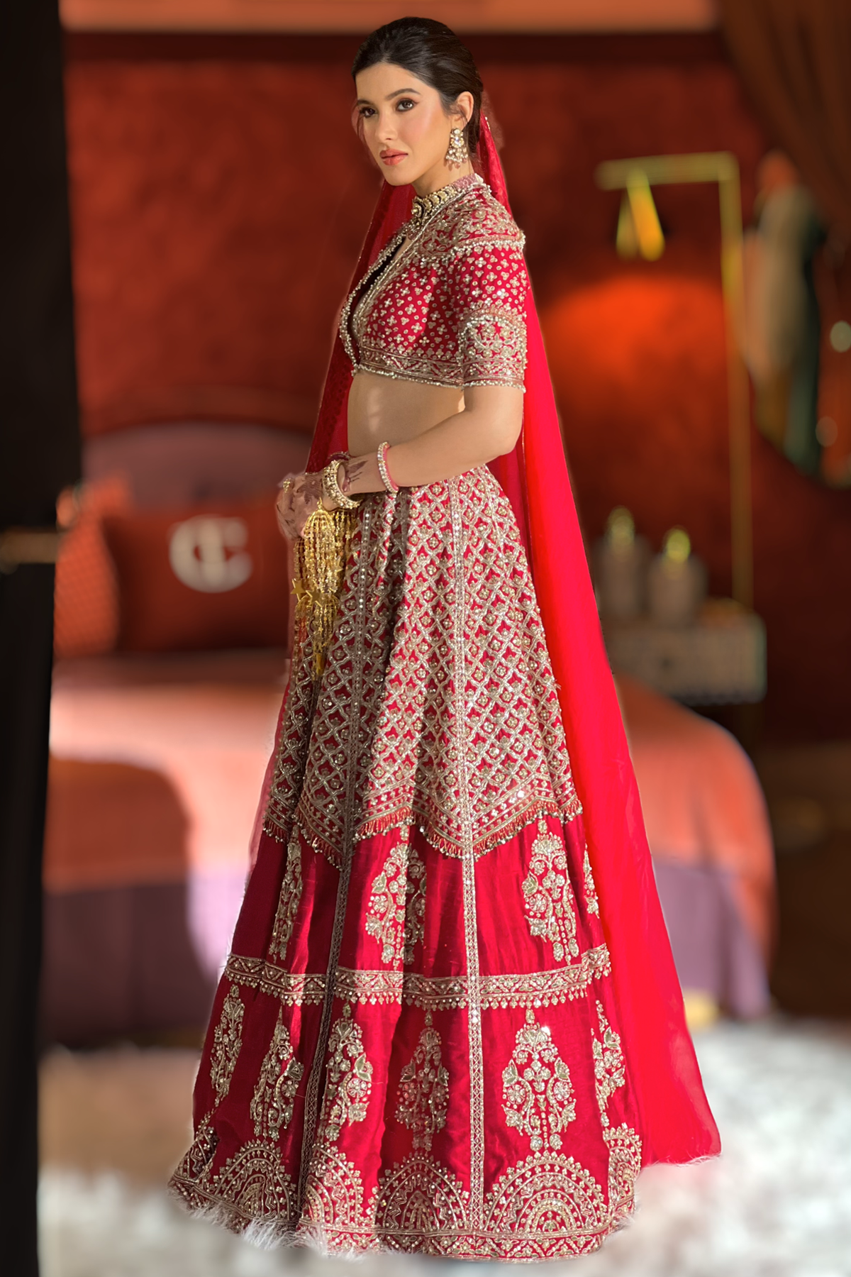 Indian Rani Pink Zari Sequin Raw Silk Bridal Lehenga (3-Piece) - Image 1