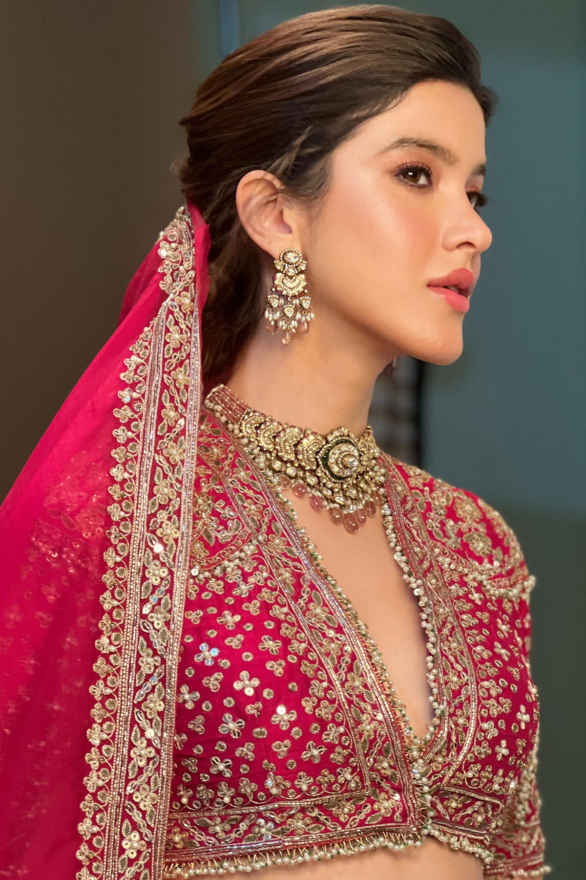 Indian Rani Pink Zari Sequin Raw Silk Bridal Lehenga (3-Piece) - Image 2