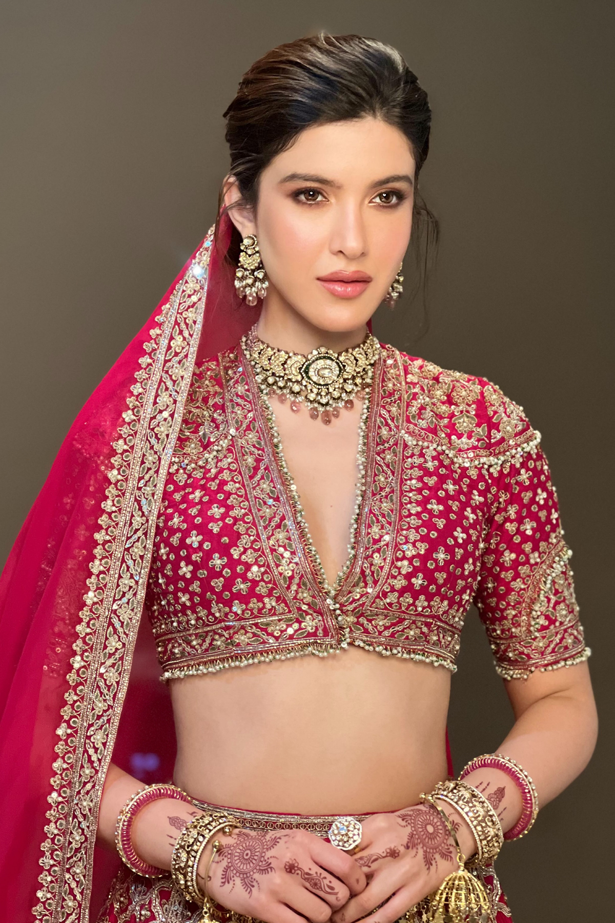 Indian Rani Pink Zari Sequin Raw Silk Bridal Lehenga (3-Piece) - Image 3
