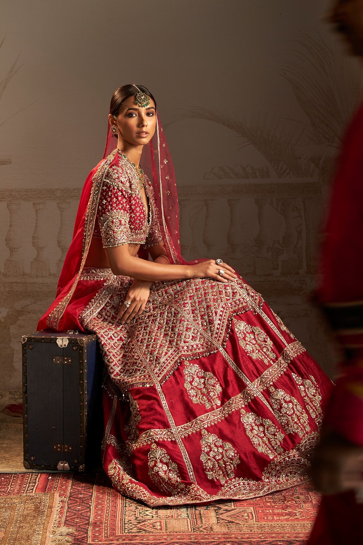 Indian Rani Pink Zari Sequin Raw Silk Bridal Lehenga (3-Piece) - Image 4