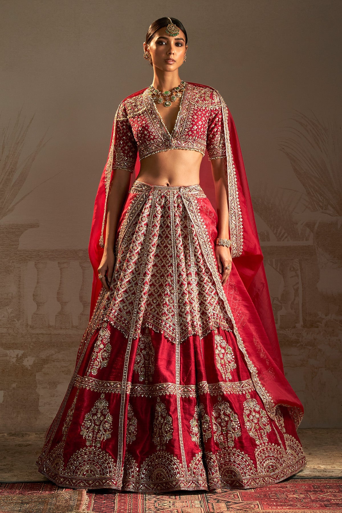 Indian Rani Pink Zari Sequin Raw Silk Bridal Lehenga (3-Piece) - Image 5
