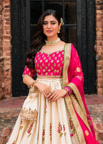 Pakistani Hot Pink Gota & Block Print Rawsilk Lehenga Choli (3-Piece) - Image 3